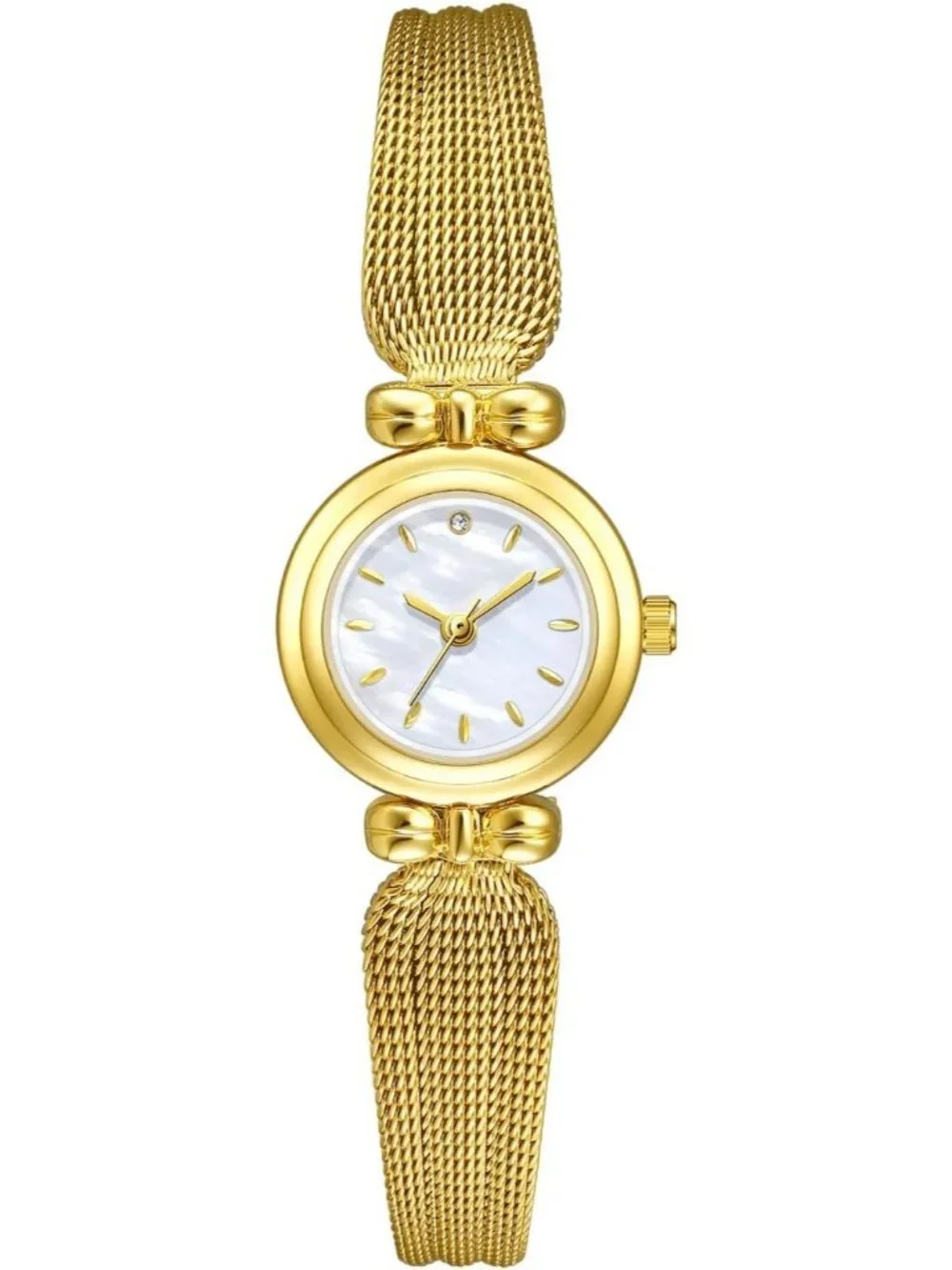 Women's Gold White Stainless Steel Mesh Strap Elegant Ladies Quartz Wrist Watch